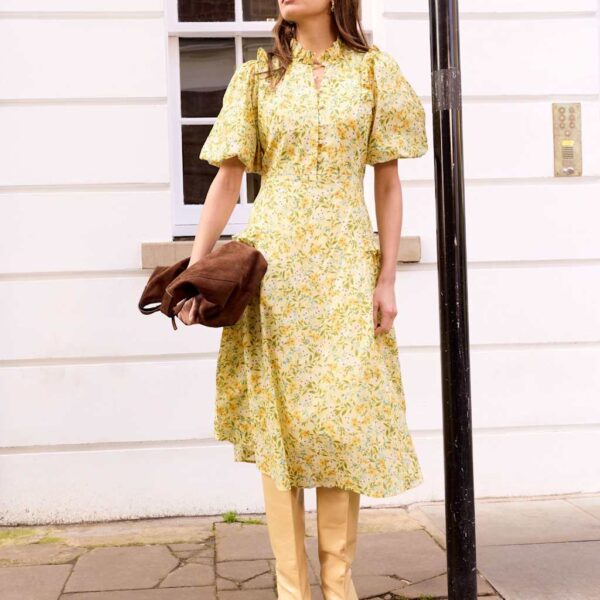 BAUKJEN Pure Cotton Floral Puff Sleeve Midi Dress Yellow Mix