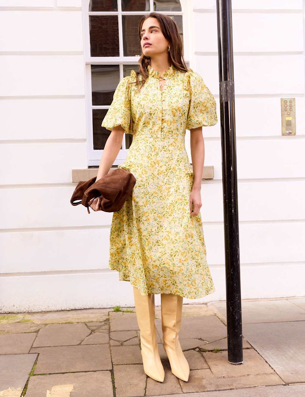 BAUKJEN Pure Cotton Floral Puff Sleeve Midi Dress Yellow Mix