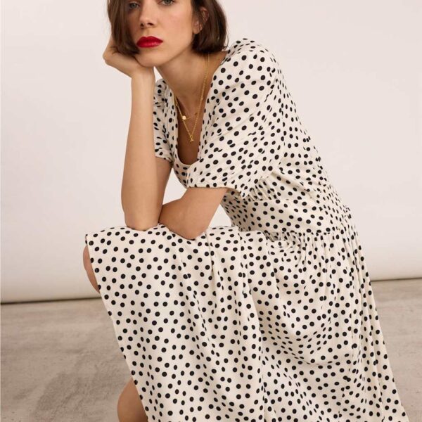 BAUKJEN Polka Dot V-Neck Midi Waisted Dress Cream Mix