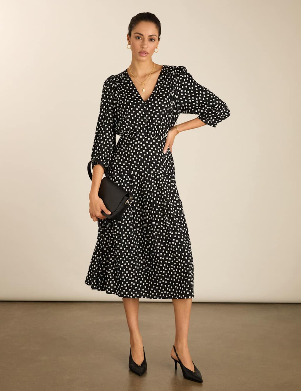 BAUKJEN Polka Dot Midi Tea Dress Black Mix