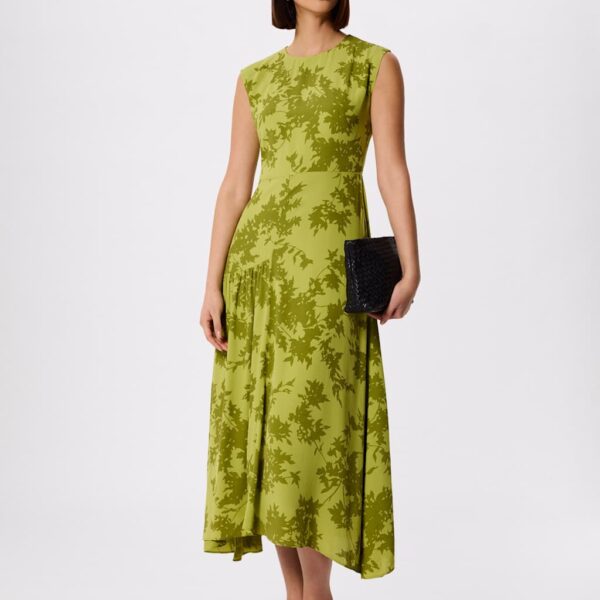 Whistles Floral Asymmetric Skirt Midi Skater Dress Green Mix