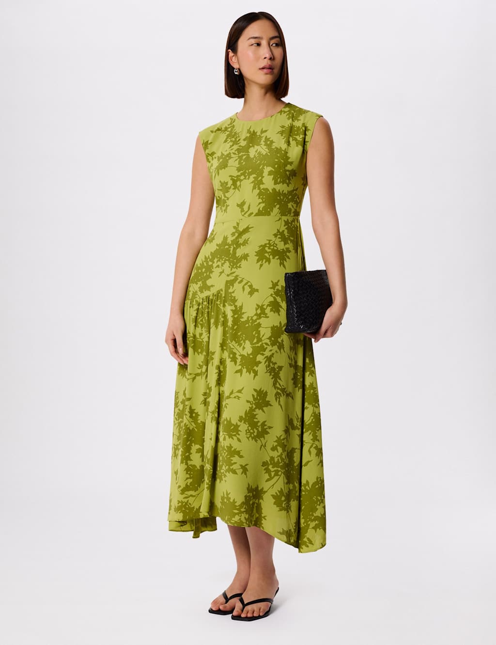 Whistles Floral Asymmetric Skirt Midi Skater Dress Green Mix