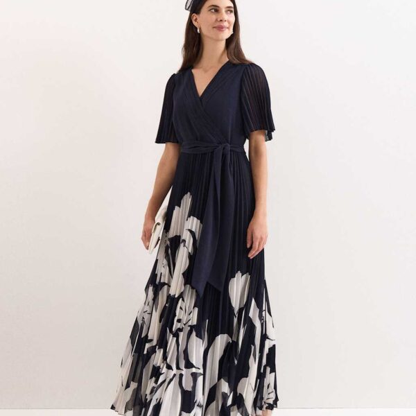 Phase Eight Floral Pleated V-Neck Maxi Wrap Dress Navy Mix