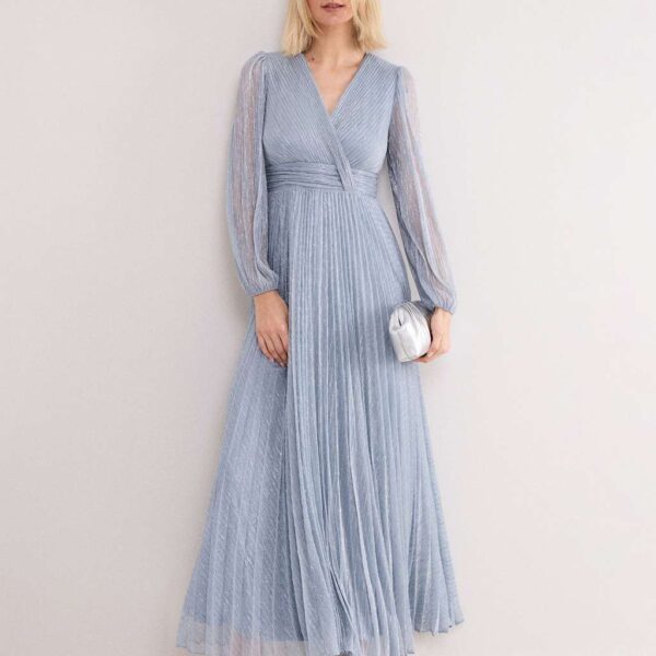 Phase Eight Textured V-Neck Midi Waisted Dress Pale Blue