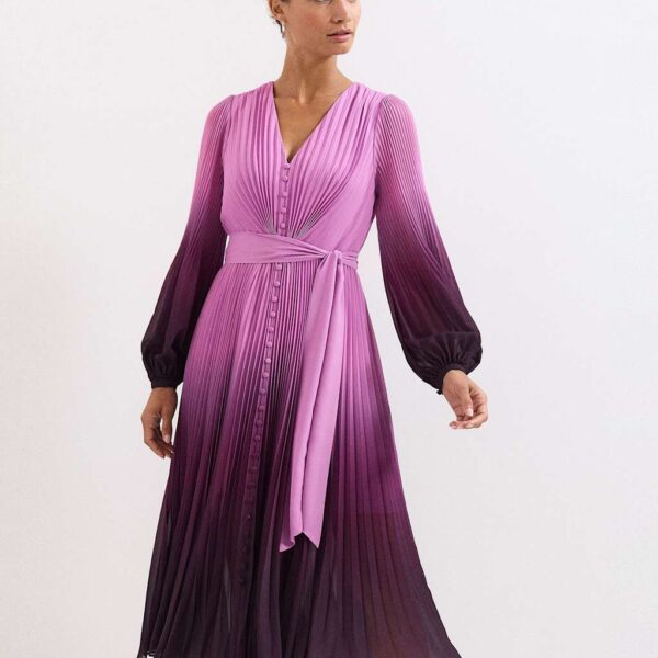 Phase Eight Ombre Plisse V-Neck Midi Waisted Dress Purple