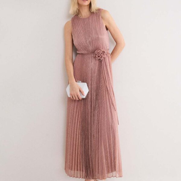 Phase Eight Plisse Metallic Midi Waisted Dress Light Pink