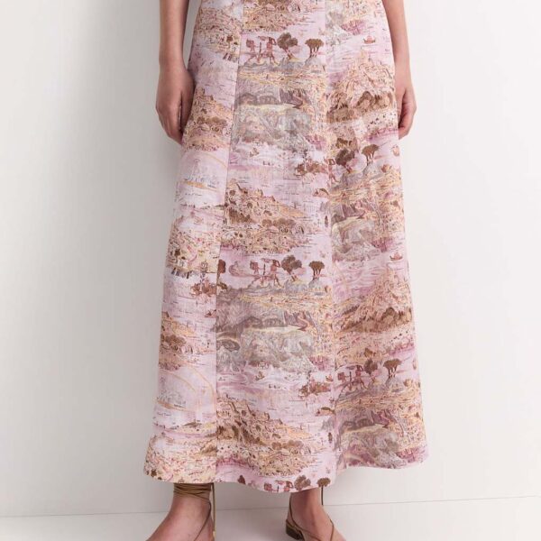 Sportscraft Pure Linen Printed Maxi A-Line Skirt Light Pink