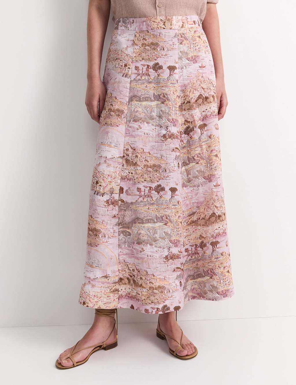 Sportscraft Pure Linen Printed Maxi A-Line Skirt Light Pink