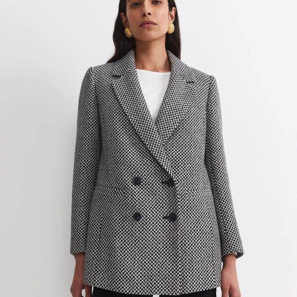 Sportscraft Wool Blend Checked Double Breasted Blazer White/Black