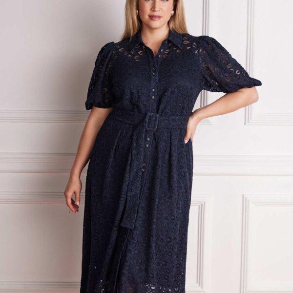 Live Unlimited London Lace Belted Puff Sleeve Midi Shirt Dress Navy