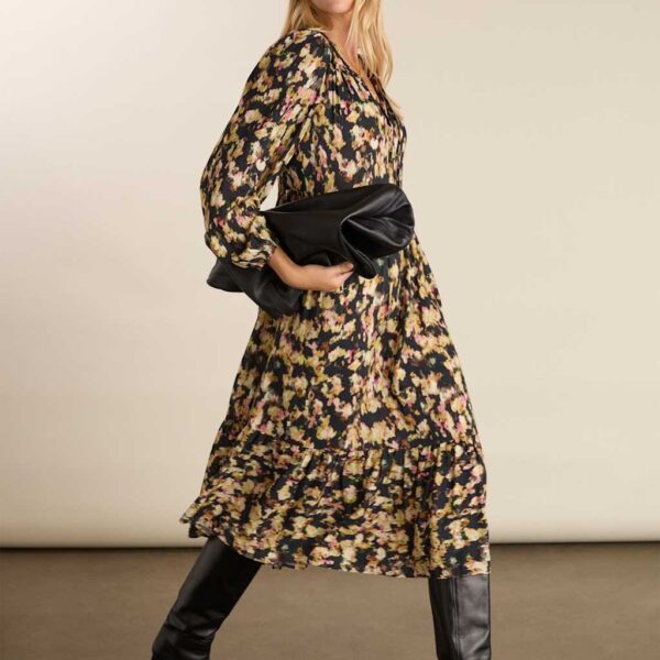 BAUKJEN Printed Tie Neck Midi Tiered Dress Navy Mix