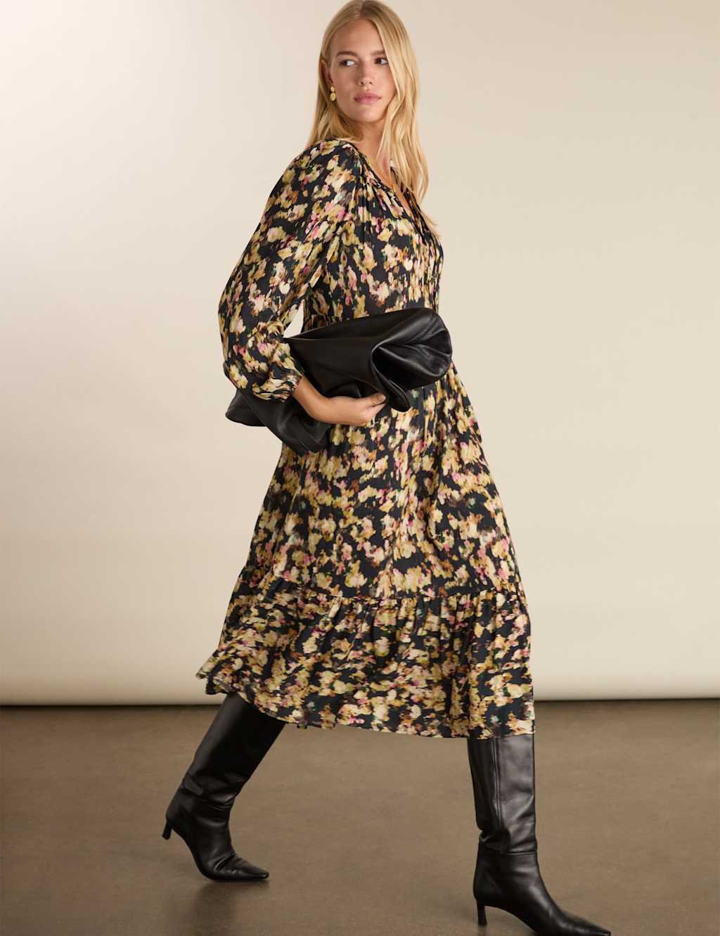 BAUKJEN Printed Tie Neck Midi Tiered Dress Navy Mix