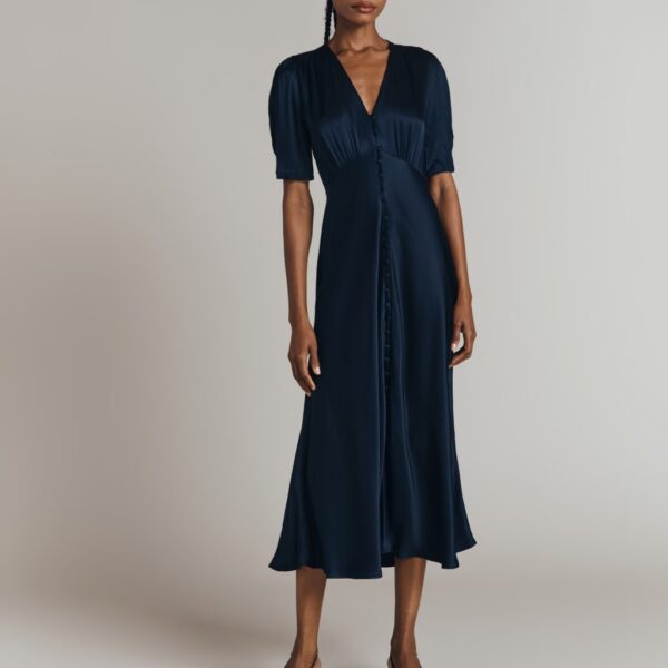 Ghost Satin V-Neck Midi Tea Dress Navy