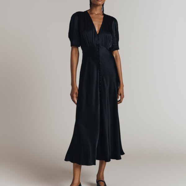 Ghost Satin V-Neck Midi Tea Dress Black