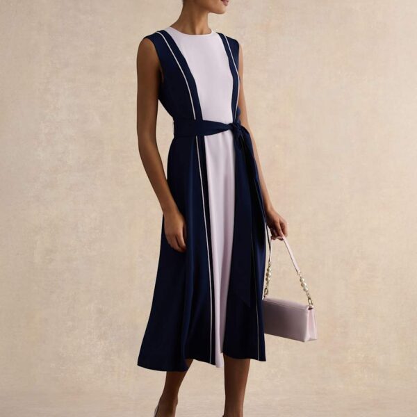 HOBBS Colour Block Belted Midi Skater Dress Navy Mix