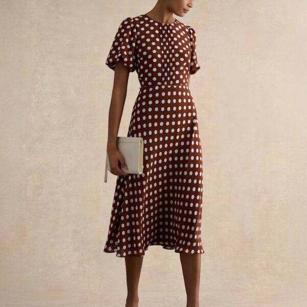 HOBBS Polka Dot Puff Sleeve Midi Skater Dress Brown Mix