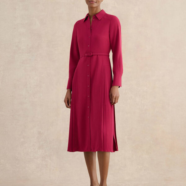 HOBBS Belted Pleated Midi Shirt Dress Pink