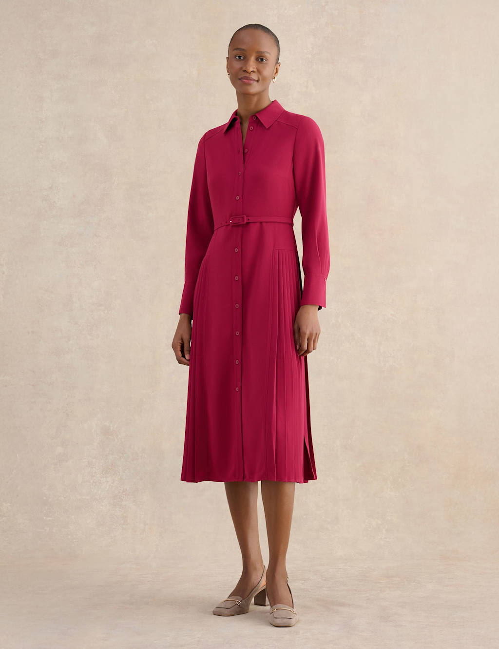 HOBBS Belted Pleated Midi Shirt Dress Pink
