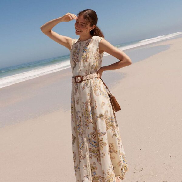 HOBBS Linen Blend Printed Midi Skater Dress Cream