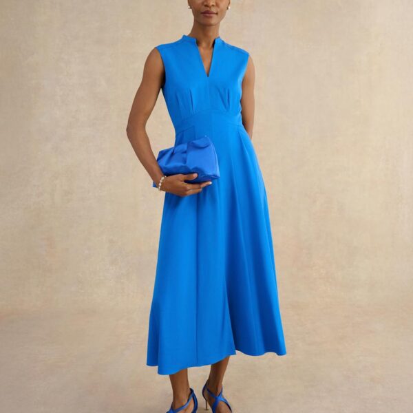 HOBBS Cotton Blend V-Neck Midi Skater Dress Blue