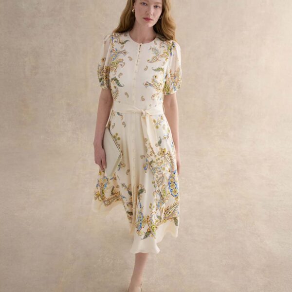 HOBBS Pure Silk Paisley Belted Midi Skater Dress Cream