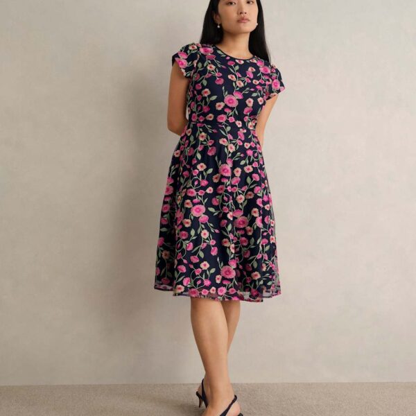 HOBBS Floral Embroidered Knee Length Skater Dress Blue Mix