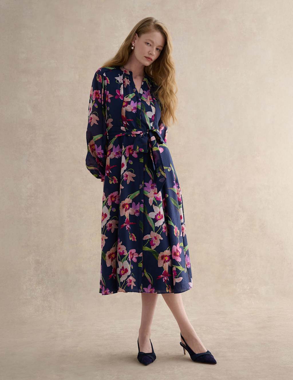 HOBBS Lyocell Rich Floral V-Neck Midi Dress Blue Mix