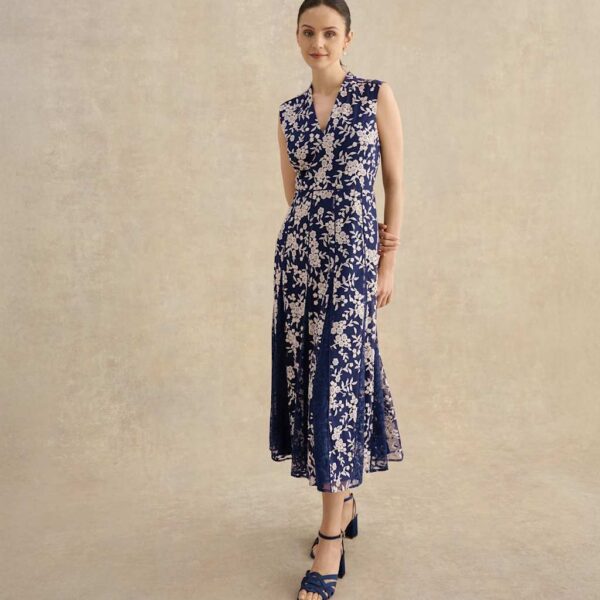HOBBS Floral Embroidered V Neck Midi Skater Dress Navy Mix