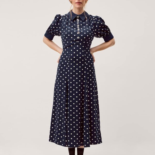 Monsoon Polka Dot Embellished Midi Tea Dress Navy Mix