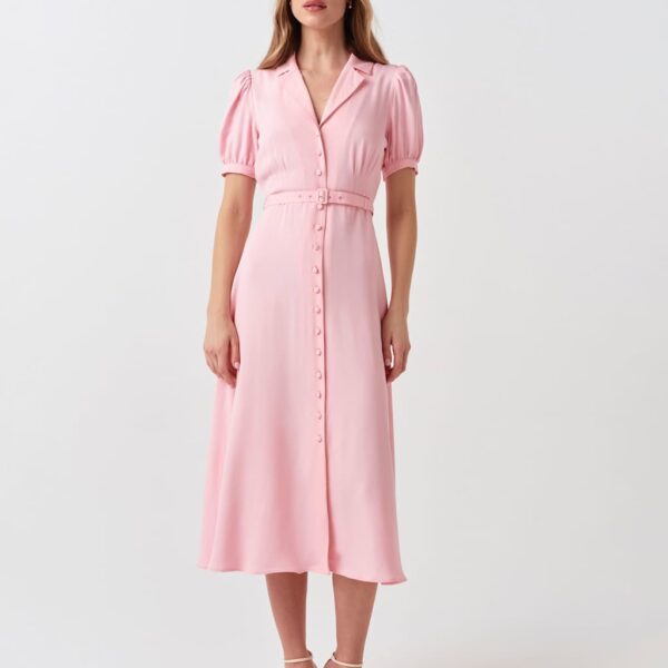 Ghost Crepe Button Through Midi Shirt Dress Pink