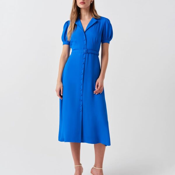 Ghost Crepe Button Through Midi Shirt Dress Blue
