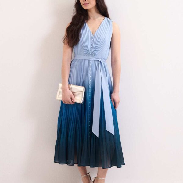 Phase Eight Ombre V-Neck Pleated Midi Skater Dress Blue Mix