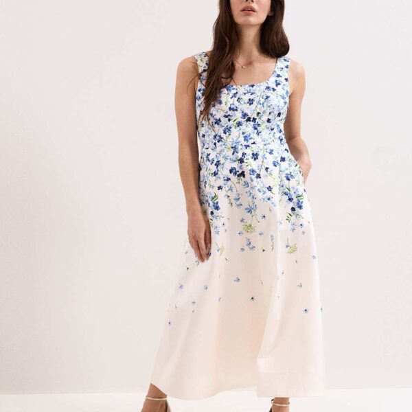 Phase Eight Floral Square Neck Midaxi Skater Dress Cream Mix