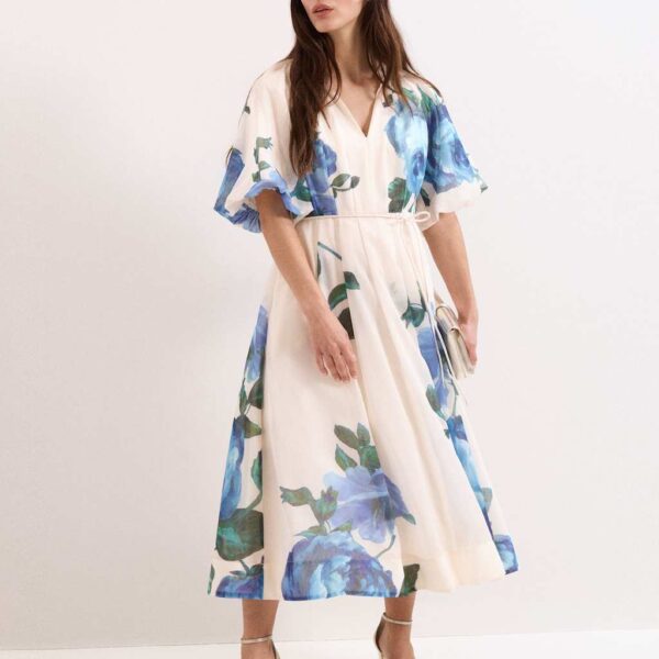 Phase Eight Lyocell Blend V-Neck Floral Midi Dress Cream Mix