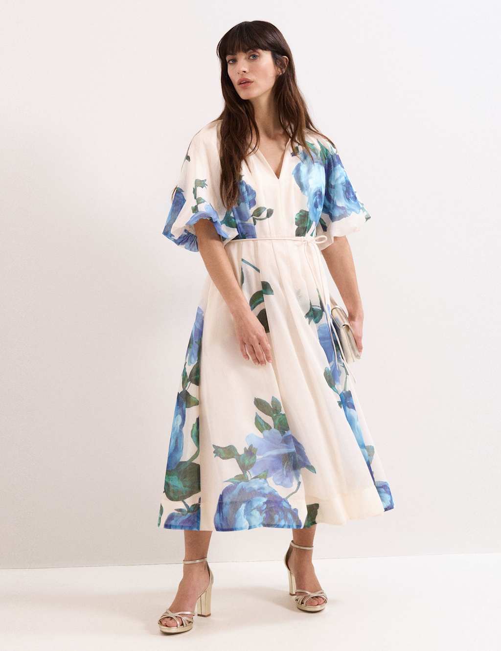 Phase Eight Lyocell Blend V-Neck Floral Midi Dress Cream Mix