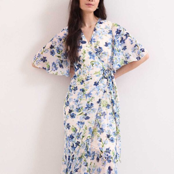 Phase Eight Chiffon Floral V-Neck Midi Wrap Dress Cream Mix