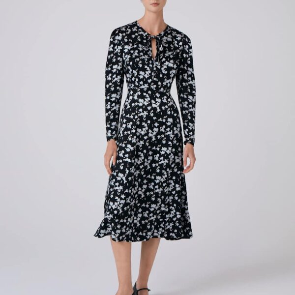 Ghost Satin Floral Midi Waisted Dress Black Mix