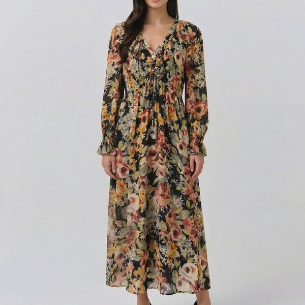 Ghost Crepe Floral V-Neck Midi Tea Dress Black Mix