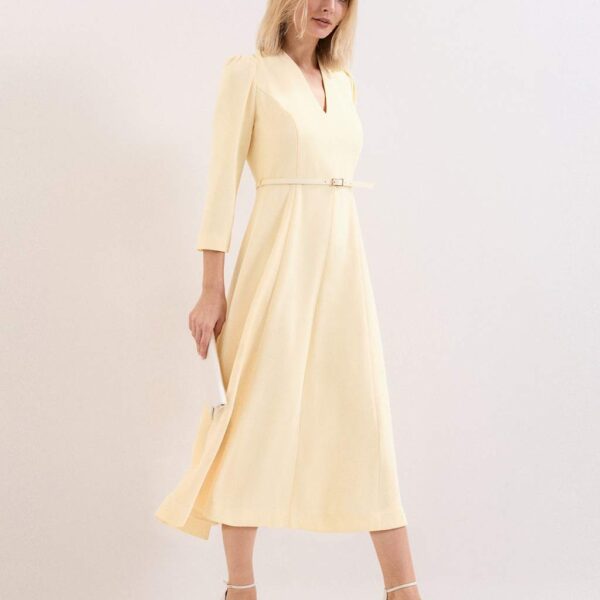 Phase Eight V-Neck Belted Midi Skater Dress Yellow