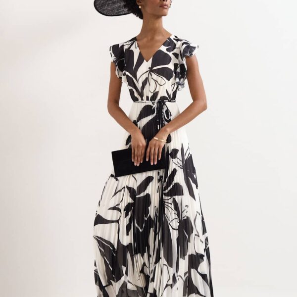 Phase Eight Floral V-Neck Pleated Maxi Skater Dress Black Mix