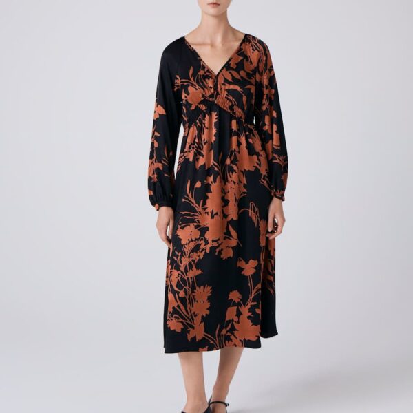 Ghost Satin Floral V-Neck Midi Waisted Dress Black Mix