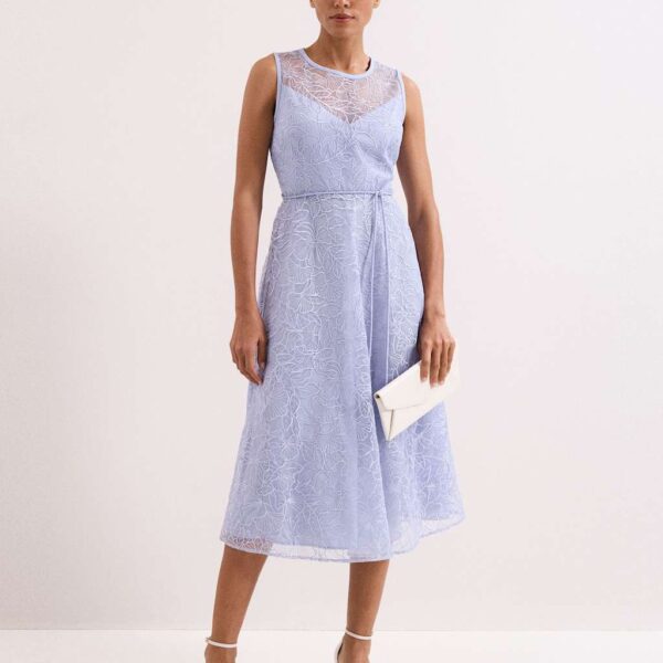 Phase Eight Lace Belted Midi Shift Dress Pale Blue