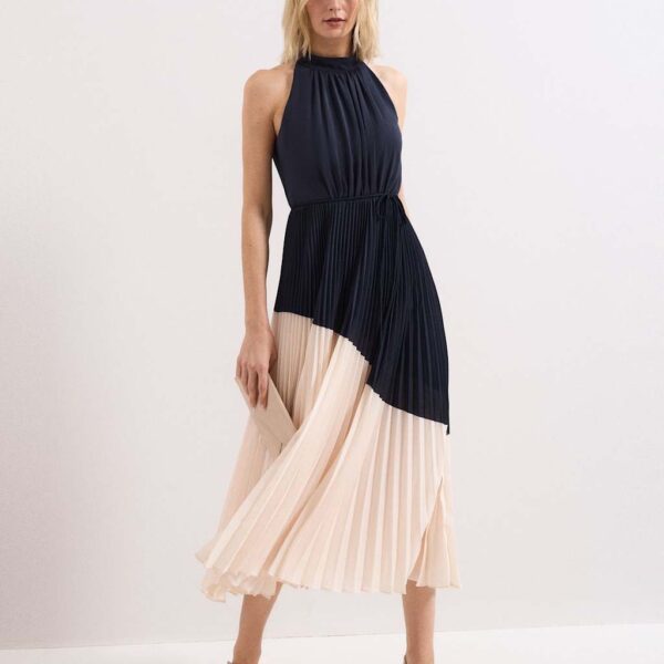 Phase Eight Colour Block High Neck Pleated Midaxi Dress Navy Mix