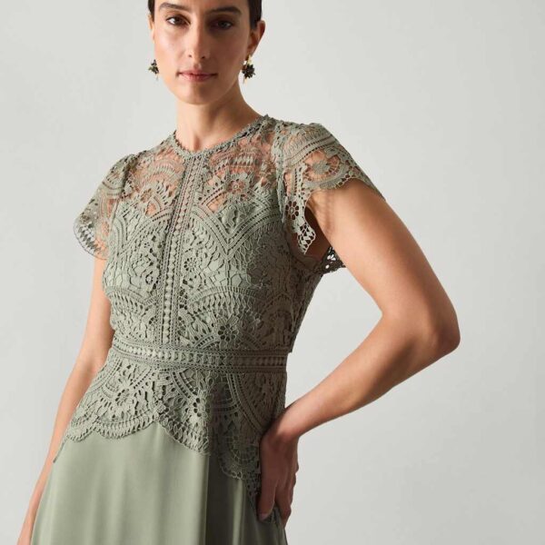 Monsoon Lace Round Neck Maxi Skater Dress Light Green