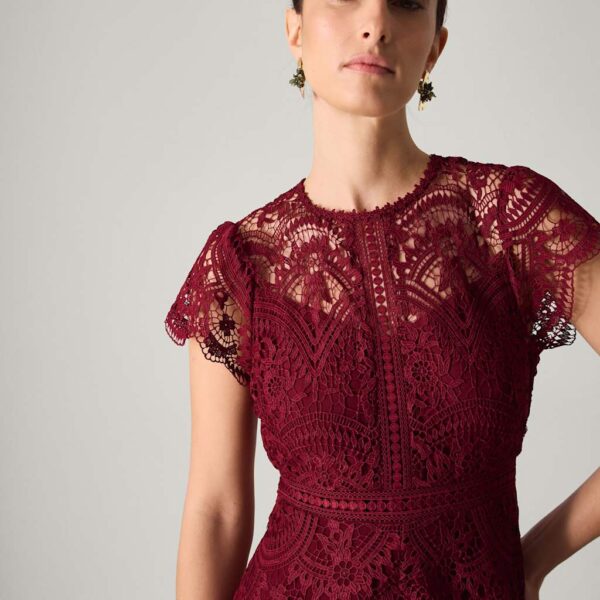 Monsoon Lace Round Neck Maxi Skater Dress Burgundy