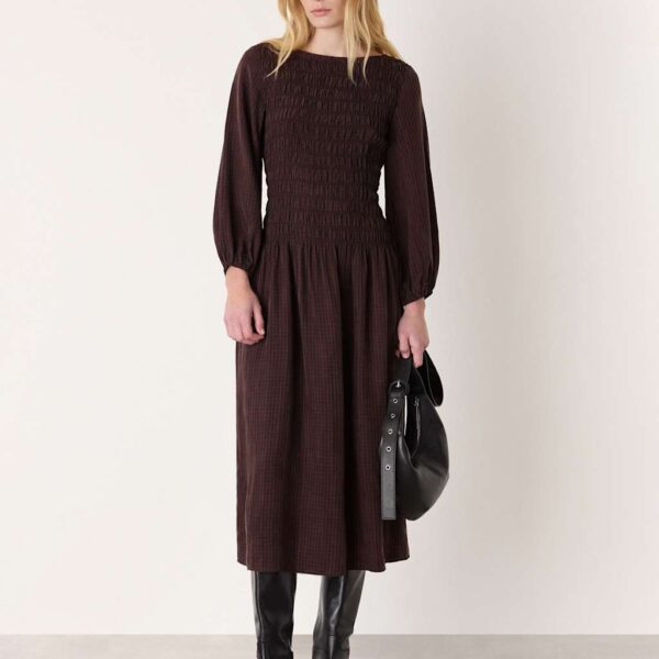 Whistles Pure Cupro Checked Midi Shirred Dress Brown Mix