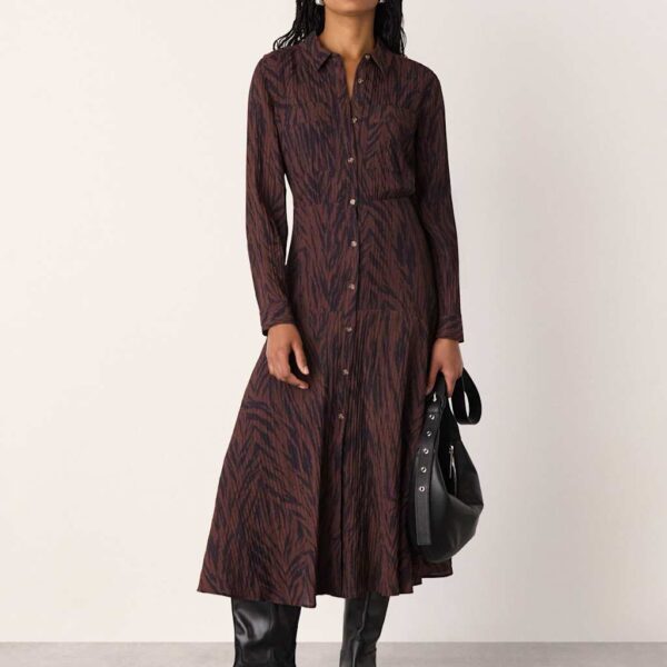 Whistles Animal Print Button Through Midi Shirt Dress Brown Mix