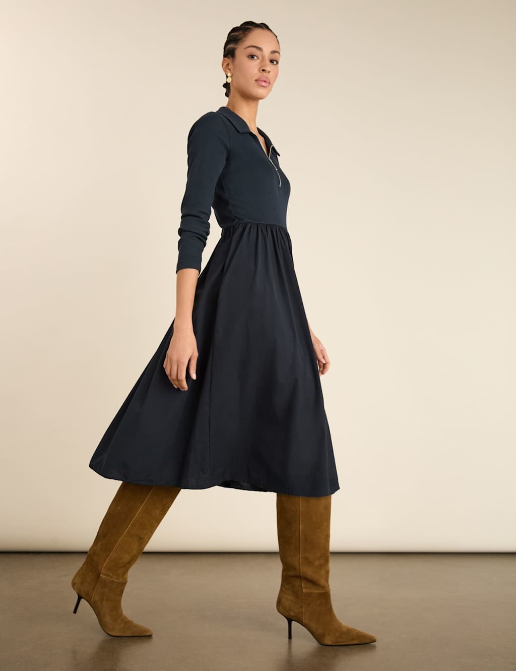 BAUKJEN Pure Cotton Midi Waisted Dress Navy