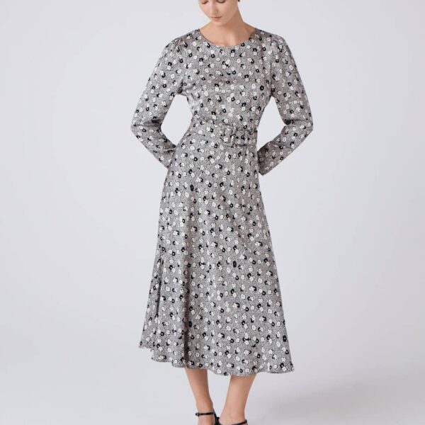 Ghost Satin Floral Midi Skater Dress Black Mix