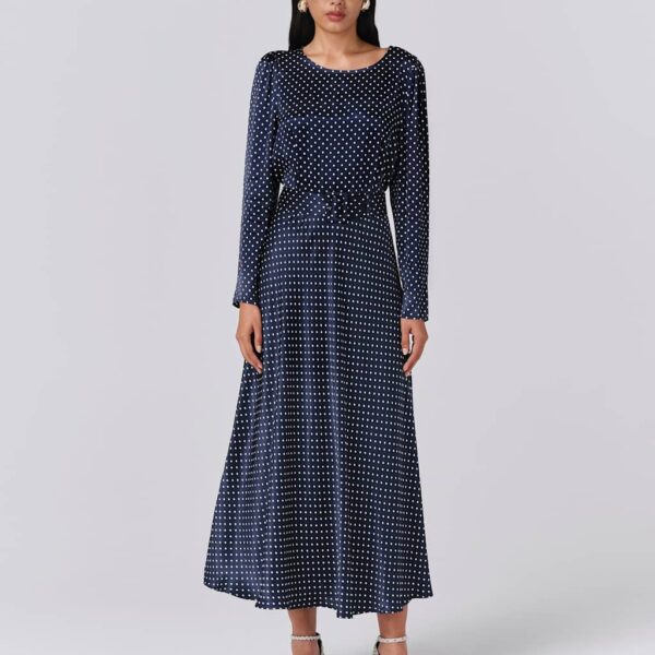 Ghost Satin Polka Dot Belted Midi Waisted Dress Navy Mix